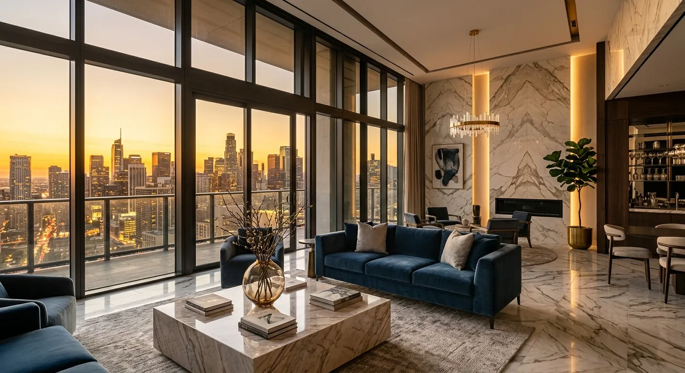 Premium-Penthouse-Interieur mit Skyline-Ausblick